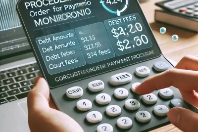 Calculadora online para conocer el coste de un procedimiento monitorio, mostrando un formulario con campos de importe de deuda y tasas judiciales.