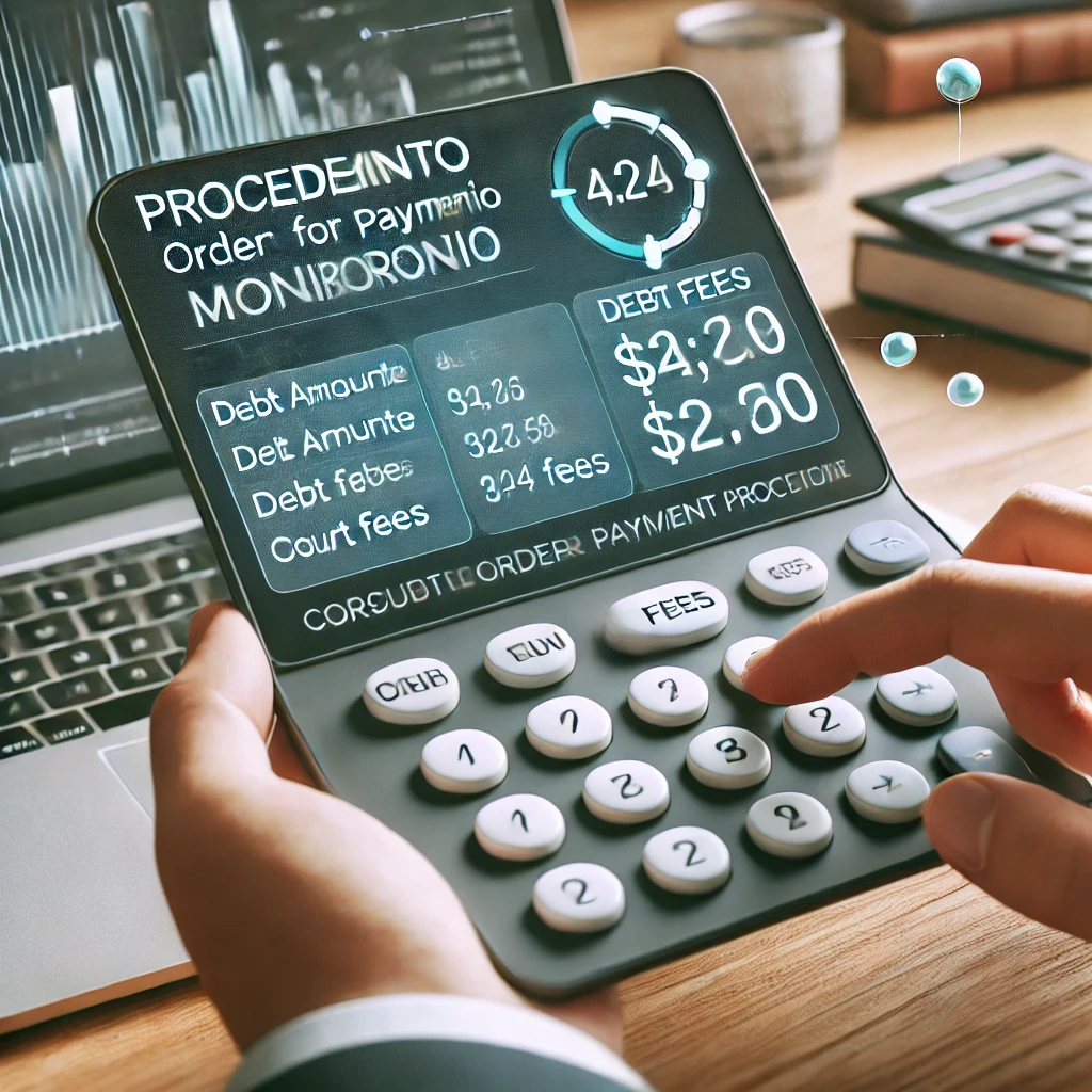 Calculadora online para conocer el coste de un procedimiento monitorio, mostrando un formulario con campos de importe de deuda y tasas judiciales.