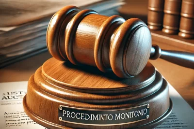 Martillo de subasta judicial simbolizando la fase de ejecución de la deuda en un procedimiento monitorio.