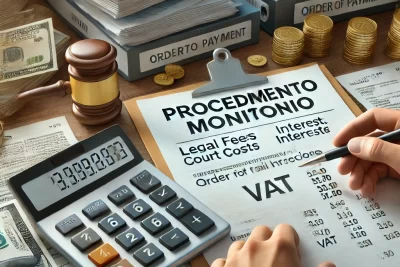 Calculadora, factura y documentos contables sobre una mesa, representando los costes e impuestos asociados al monitorio.