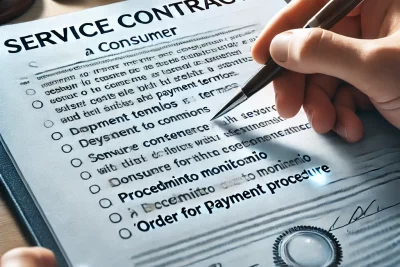 Contrato de servicios con un consumidor destacando términos y condiciones.
