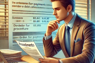 Empresario revisando facturas impagadas, simbolizando la vía del procedimiento monitorio para empresas.