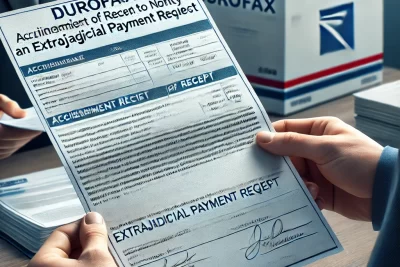 Persona entregando un burofax con acuse de recibo para notificar al deudor un requerimiento extrajudicial de pago.