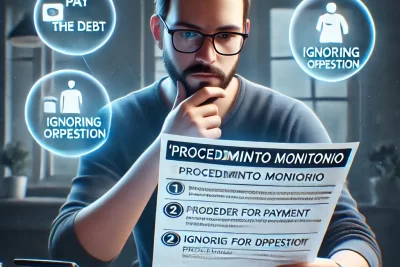 Ilustración de un deudor recibiendo la notificación de un procedimiento monitorio y eligiendo entre pagar, ignorar u oponerse.